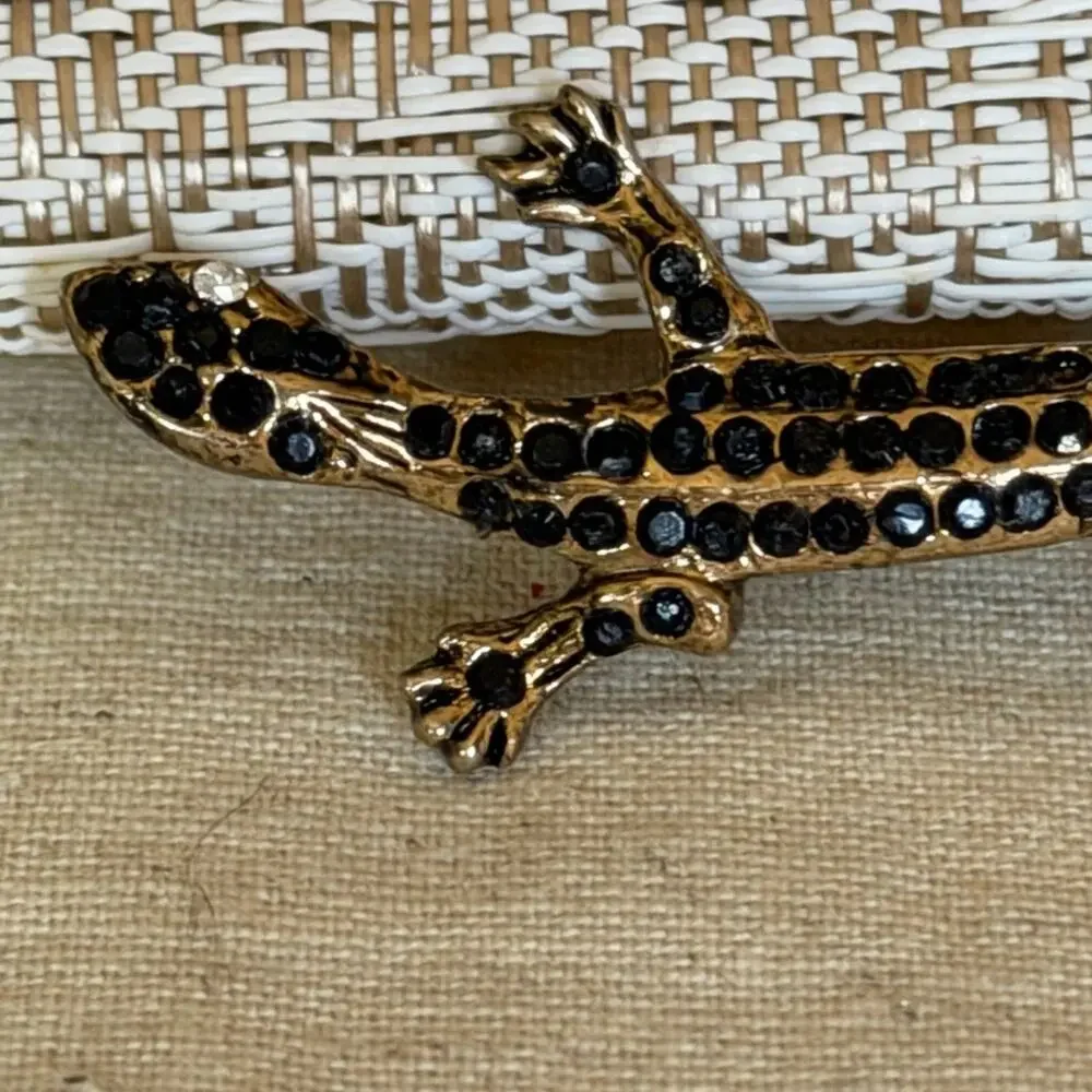 vintage Gold and Black rhinestone Lizard Brooch